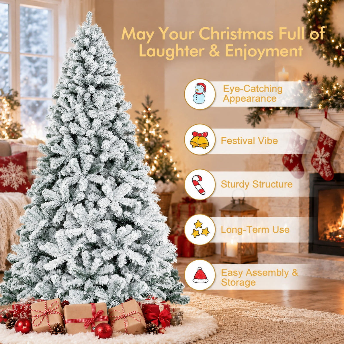 Airfind Snow-flocked Artificial Christmas Tree 7.5 Ft featuring 1010 Branch Tips, Hinged Sections and Metal Stand for Everyday Use, White