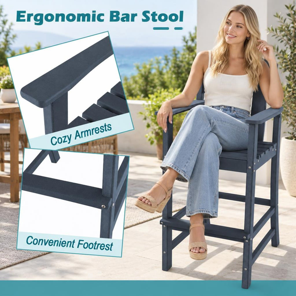Airfind 30 Inches Counter Height Outdoor HDPE Bar Stool with Armrests and Footrest, 360 lbs Capacity, HDPE Frame, Navy