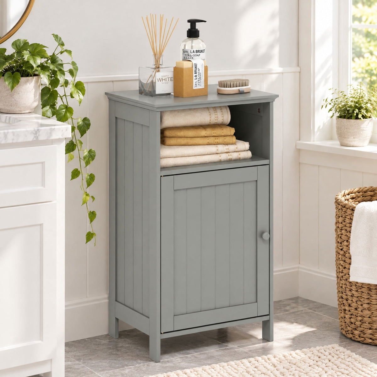 Airfind Bathroom Freestanding Adjustable Shelf Floor Storage Cabinet, MDF Frame, 16 Inch x 12 Inch x 27.5 Inch Footprint, Gray