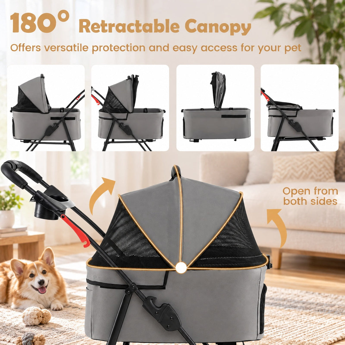 Airfind 3 in 1 Pet Stroller with Removable Carrier up to 33 lbs, 33 lbs Capacity, 300D Oxford Cloth Metal Mesh Sponge PU PP Frame, Gray
