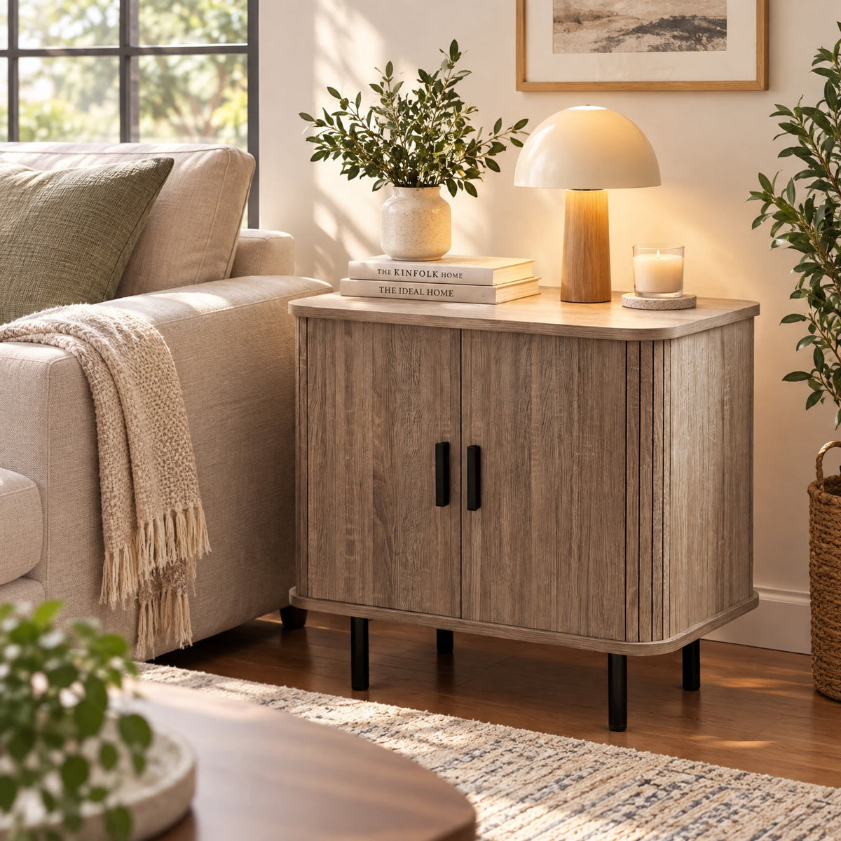 Airfind End Table Modern Mid Century Nightstand with Sliding Tambour Doors and Storage Shelf, 88 lbs Capacity, Engineered Wood MDF Metal Frame