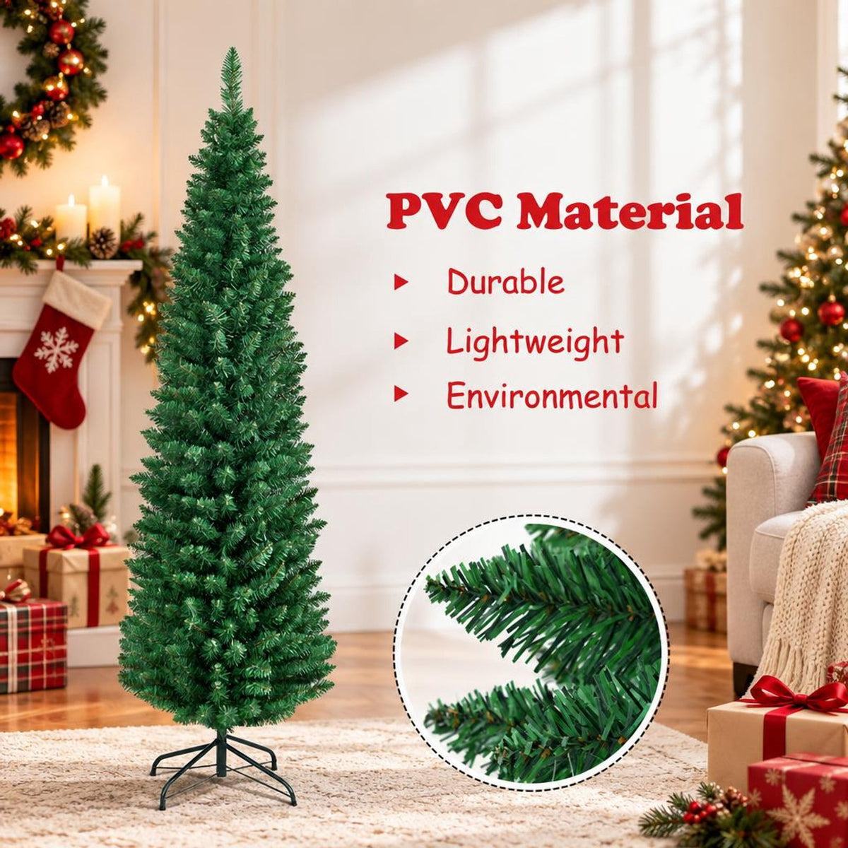 Airfind PVC Artificial Slim Pencil Christmas Tree-5 Feet, PVC iron 5 Ft: Frame, 2ft x 5ft Footprint, Green