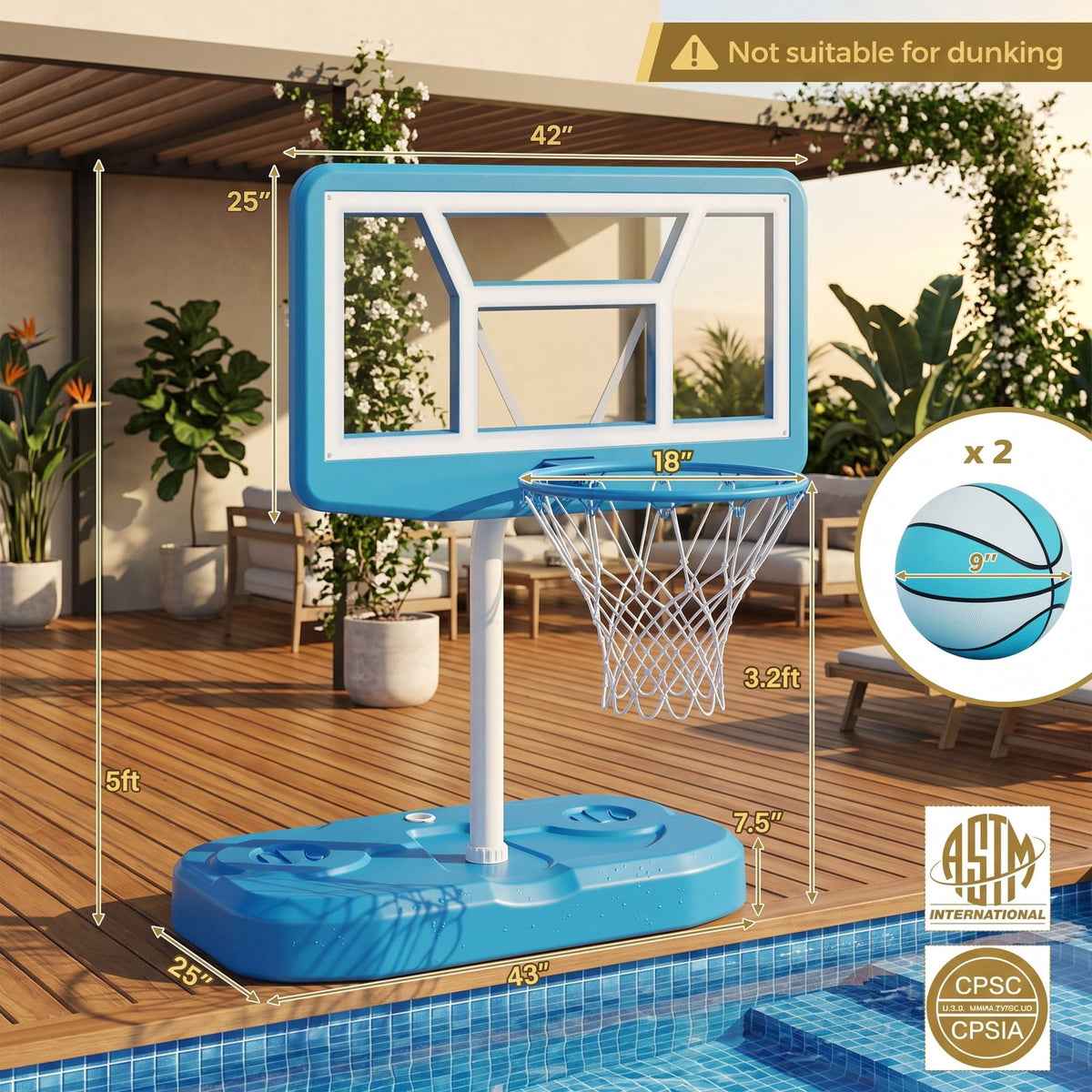 Airfind Pool Basketball Hoop Set with 2 Balls and Inflation Pump, Poolside Water Basketball Game with Weighted Fillable Base and Shatterproof Backboard for, Light Blue