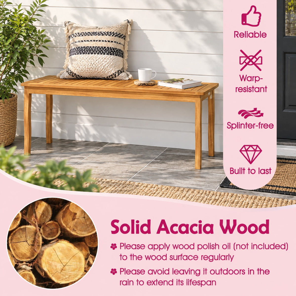 Airfind Set of 2 Acacia Wood Outdoor Patio Dining Benches 48 Inch Long with Slatted Seat, 800 lbs Capacity Each, 48 Inch x 14 Inch x 18 Inch , Natural Wood