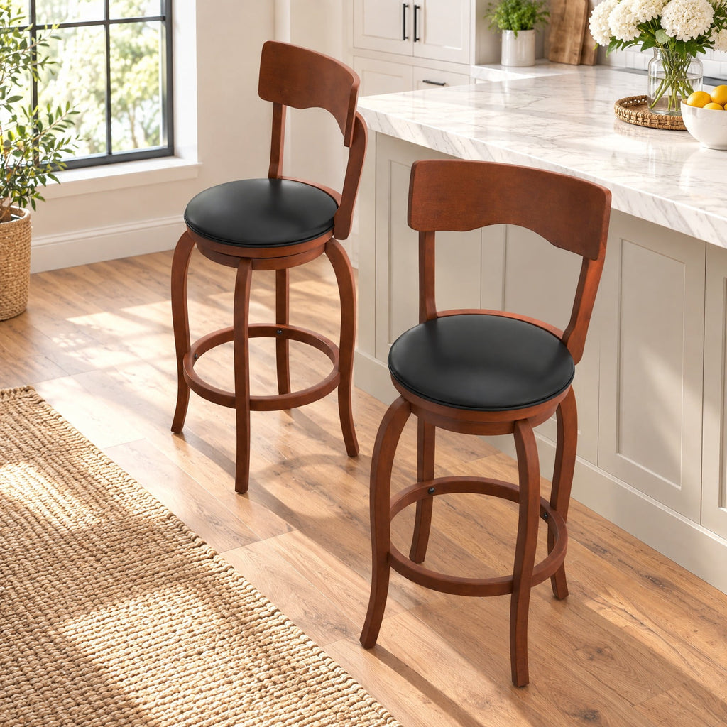 Airfind Swivel Bar Stools Set of 2 with Rubber Wood Frame and Upholstered Seat-29 Inch, 286 lbs Capacity, Rubber Wood Sponge PVC Frame, Wood