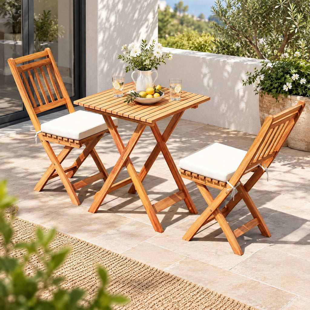 Airfind Outdoor Wood Bistro Set with Soft Seat Cushions and Table, Chair 400 lbs Capacity, Acacia Wood Polyester Sponge Frame, White
