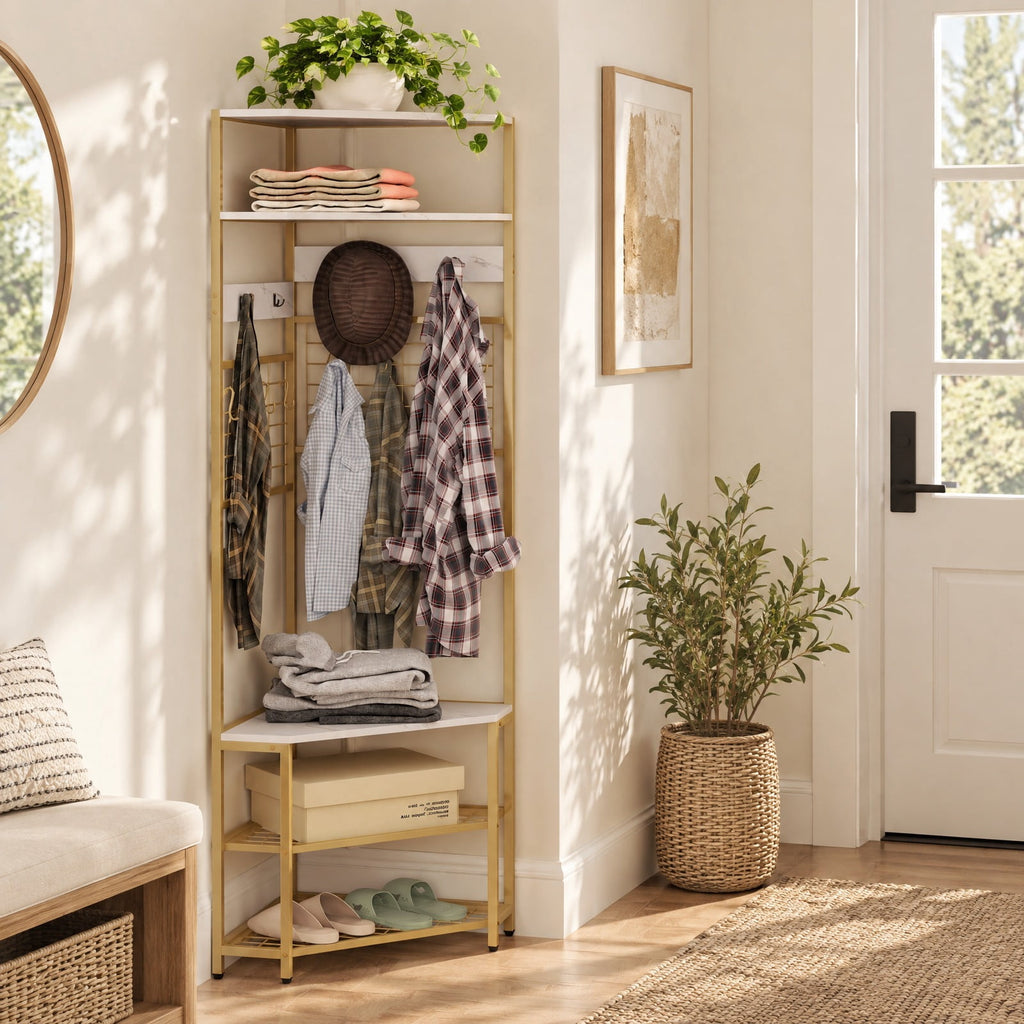 Airfind 5-Tier Corner Hall Tree with Shoe Storage Bench, 22 lbs Capacity, Engineered Wood Metal Frame, White