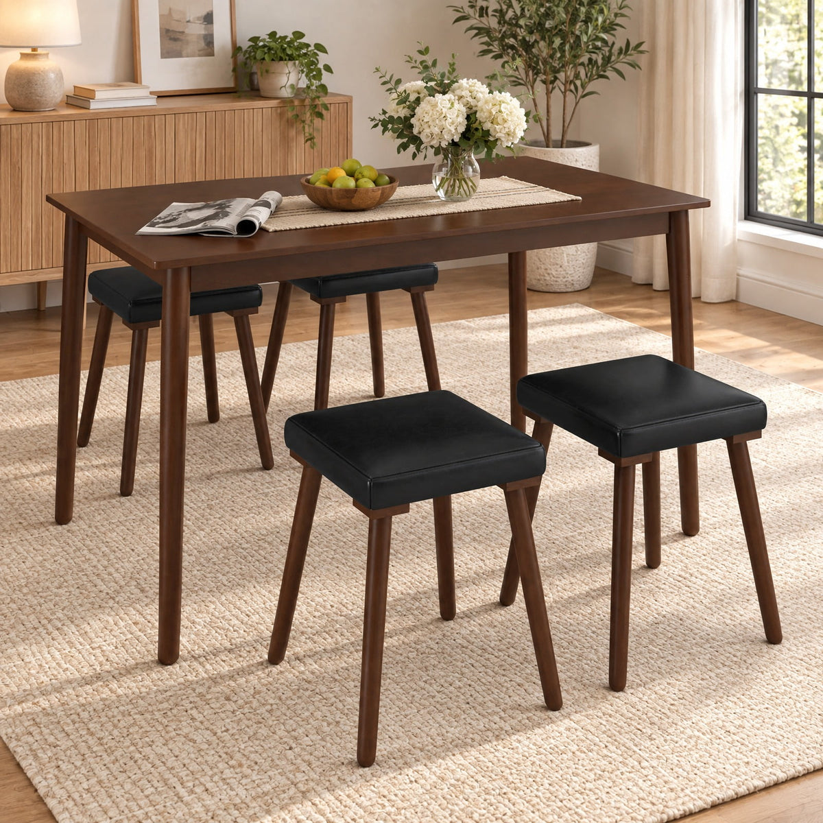 Airfind 5 Piece Dining Table Set for 4 with 4 Upholstered Stools and Rubber Wood Legs, Brown, for Everyday Home Use, for Easy Setup