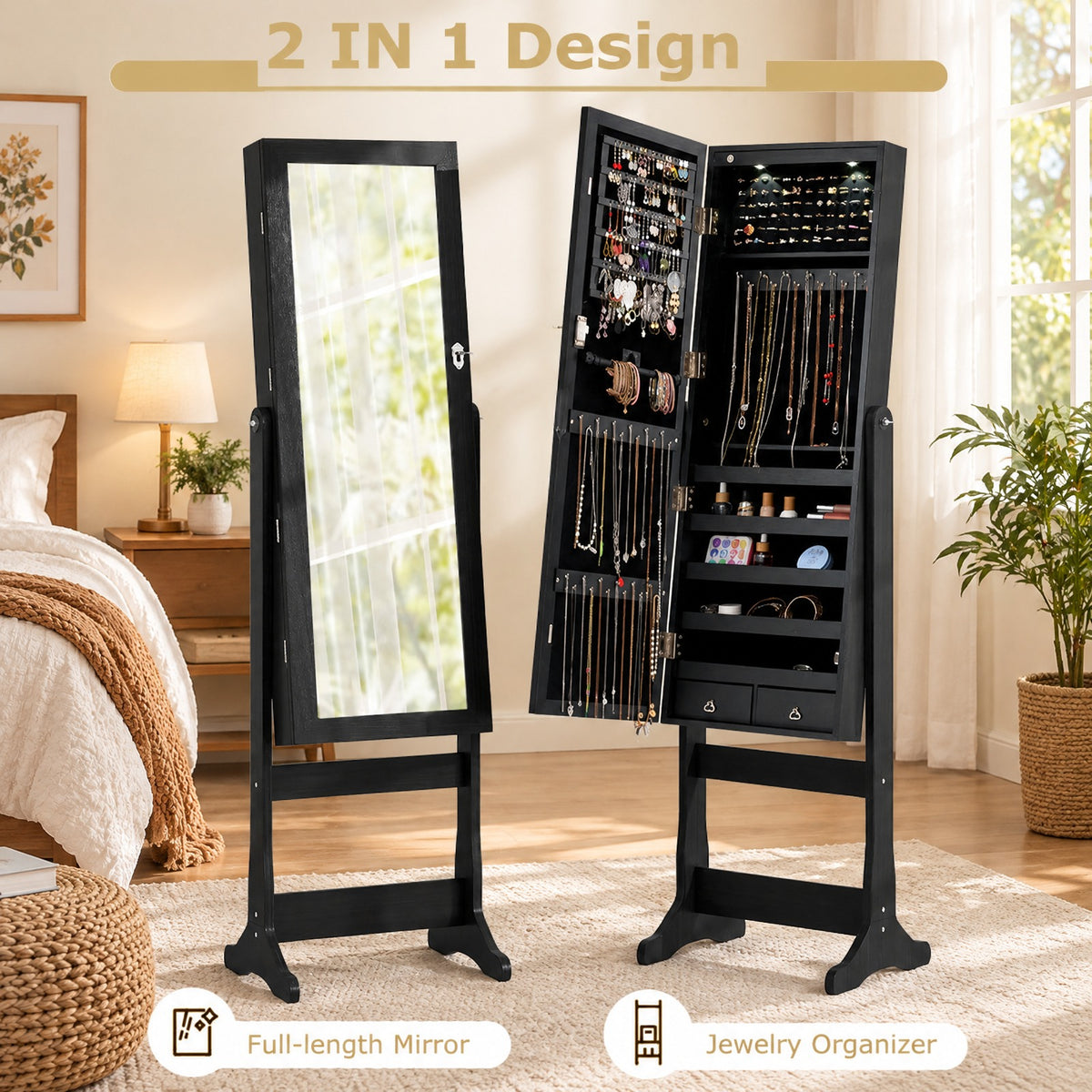 Airfind Lockable Freestanding Jewelry Cabinet Armoire with Full-Length Mirror and Lights, MDF Glass, 16 Inch X 14.5 Inch X 57.5 Inch, Black