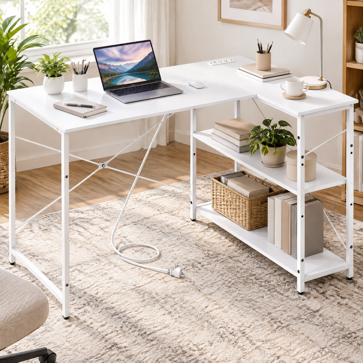 Airfind L-shaped 47 Inch Reversible Corner Desk with Adjustable Storage Shelves, 240 lbs Capacity, Engineered Wood Metal Frame, Brown