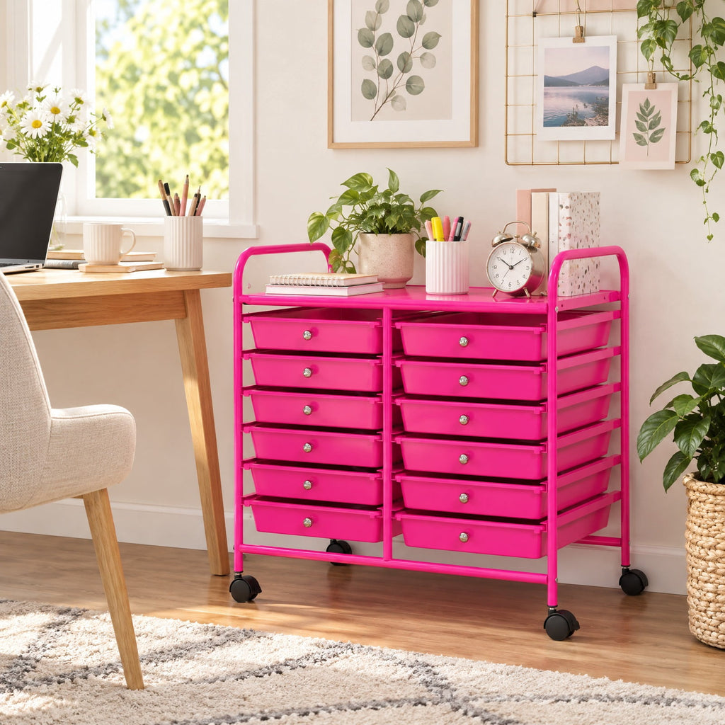 Airfind 12 Drawers Rolling Storage Cart for Home and Office, Steel Frame, 25inx15inx 34in Footprint, Pink