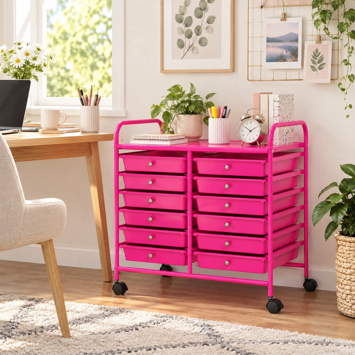 Airfind 12 Drawers Rolling Storage Cart for Home and Office, Steel Frame, 25inx15inx 34in Footprint, Pink