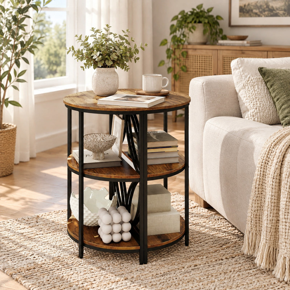 Airfind 3, Tier Half Round End Table with Study Metal Frame for Living Room, Rustic Brown, Smooth rounded edges ensure reliable safety during use