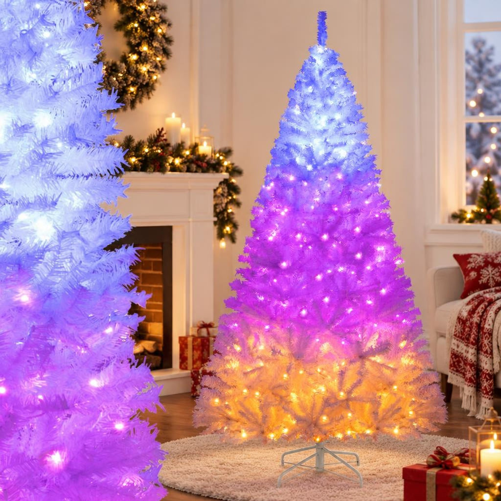 Airfind Pre Lit Artificial Christmas Tree, 7 Ft Hinged Holiday Tree featuring 11 Lighting Modes and Metal Stand for Seasonal Display, White