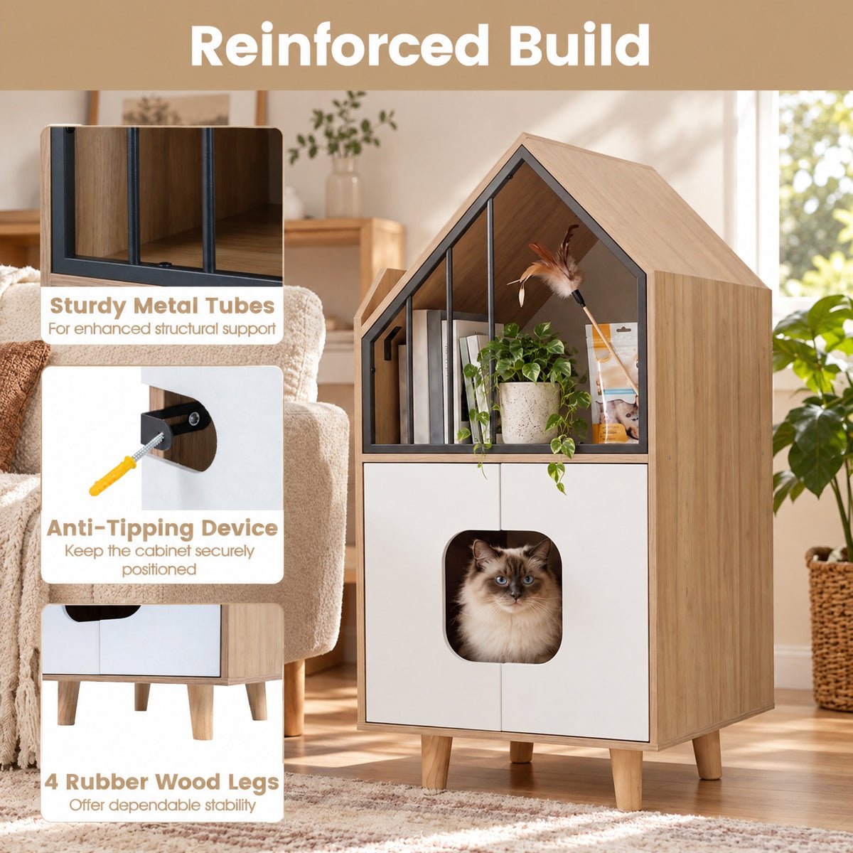 Airfind Cat Litter Box Enclosure, with Shelf and 2 Doors Wooden House, 44 lbs Capacity, Engineered Wood Rubber Wood Metal Frame, Natural
