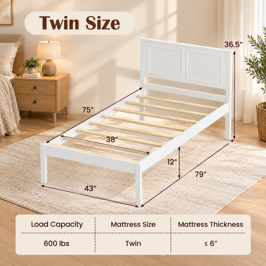 Airfind Twin Size Bed Frame Farmhouse Wooden Platform Bed with Headboard White, 600 lbs Capacity, Solid Wood Plywood Engineered Wood Frame, White