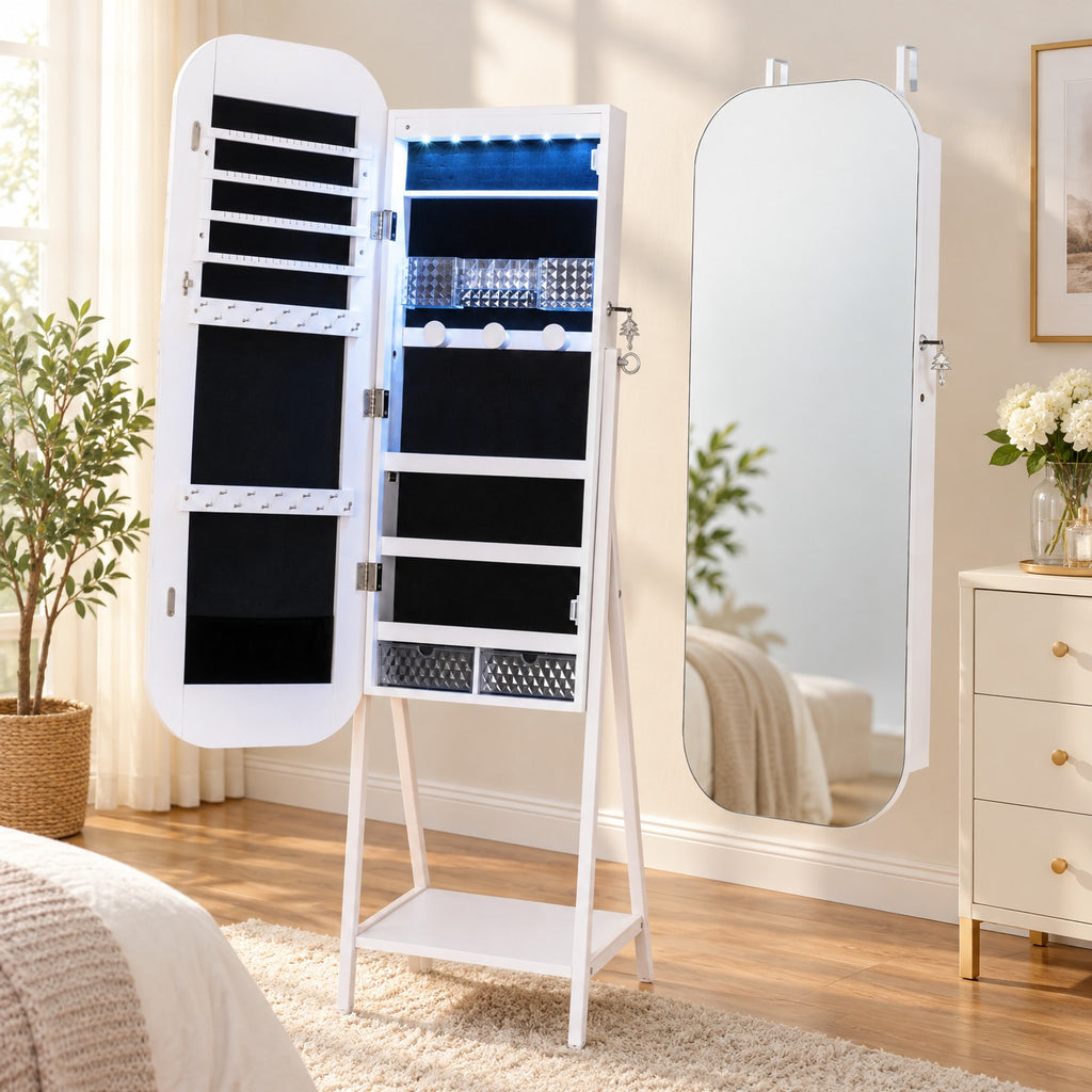 Airfind Jewelry Cabinet with Full-Length Mirror Large Storage Capacity, Engineered Wood Frame, 16.5 x 14.5 x 59 Footprint, White