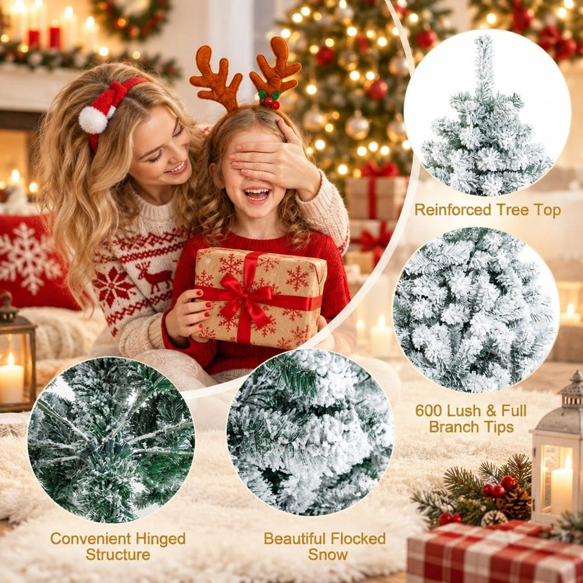 Airfind 6 Feet Artificial Snow Decorated Flocked Hinged Christmas Tree with Metal Stand, White, Diameter of Metal Stand 18 Inch 20 Inch