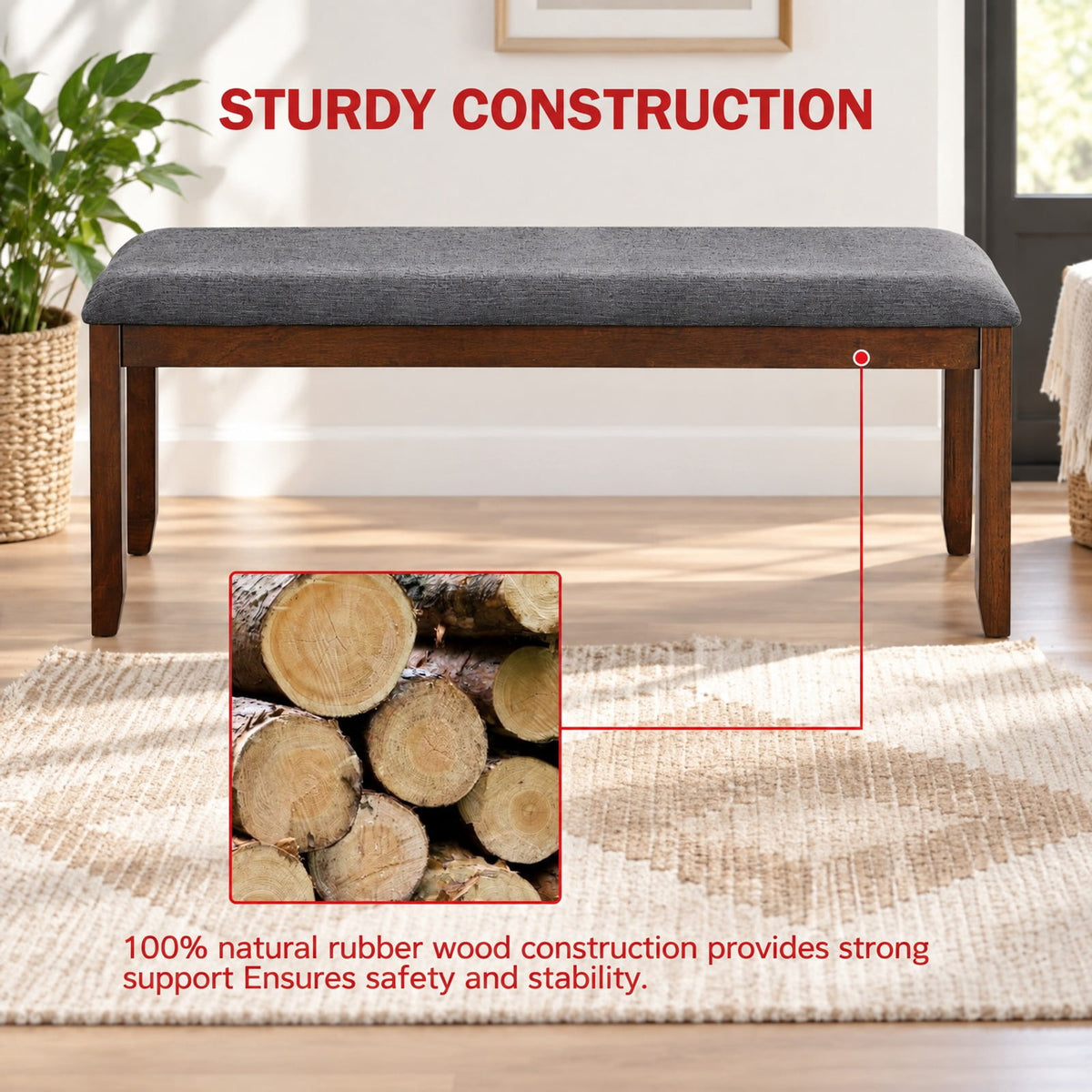 Airfind Upholstered Entryway Bench Footstool with Wood Legs, Rubber wood linen fabric foam Frame, 47inx 15.5inx 19.5in Footprint, Wood
