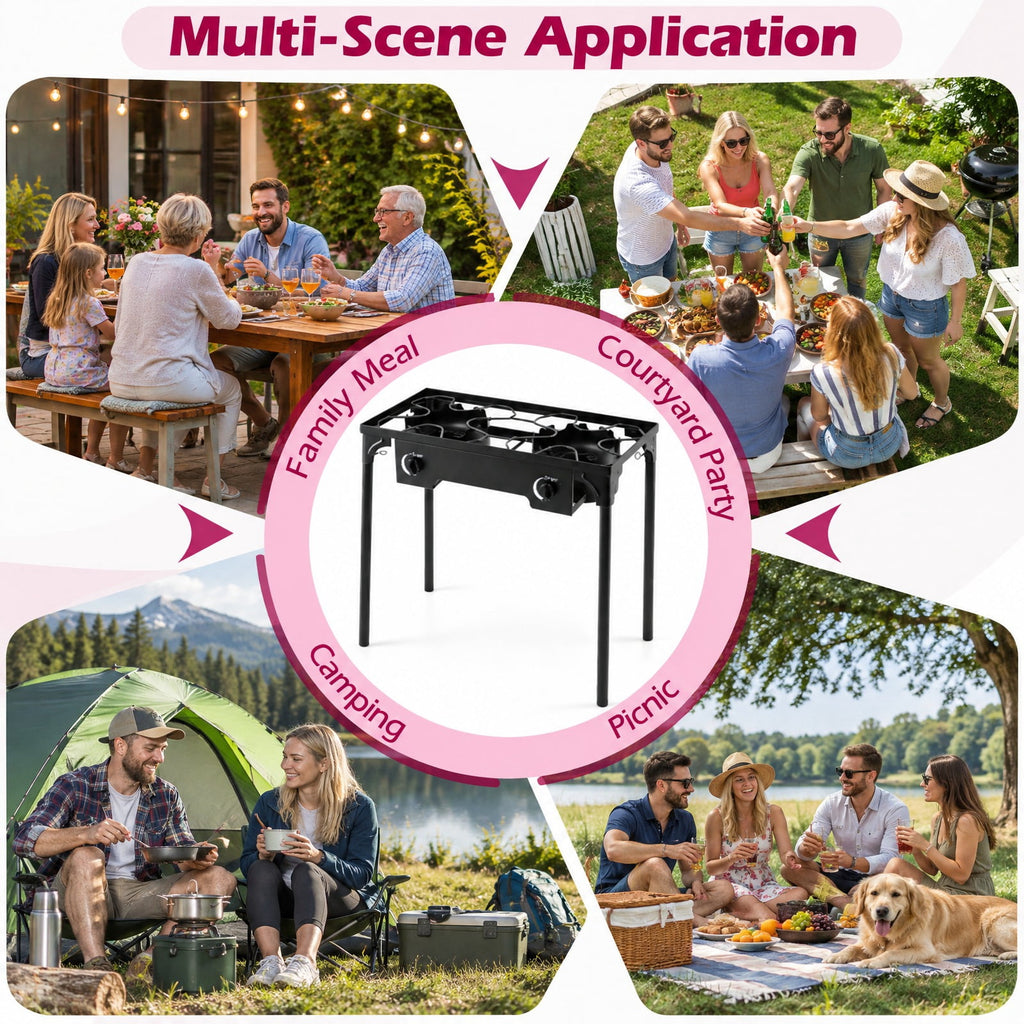 Airfind 2 Burner Propane Stove 160000 BTU with Adjustable Regulator Hose for Camping BBQ, 440 lbs Capacity, Metal Cast Iron PVC ABS Frame, Black