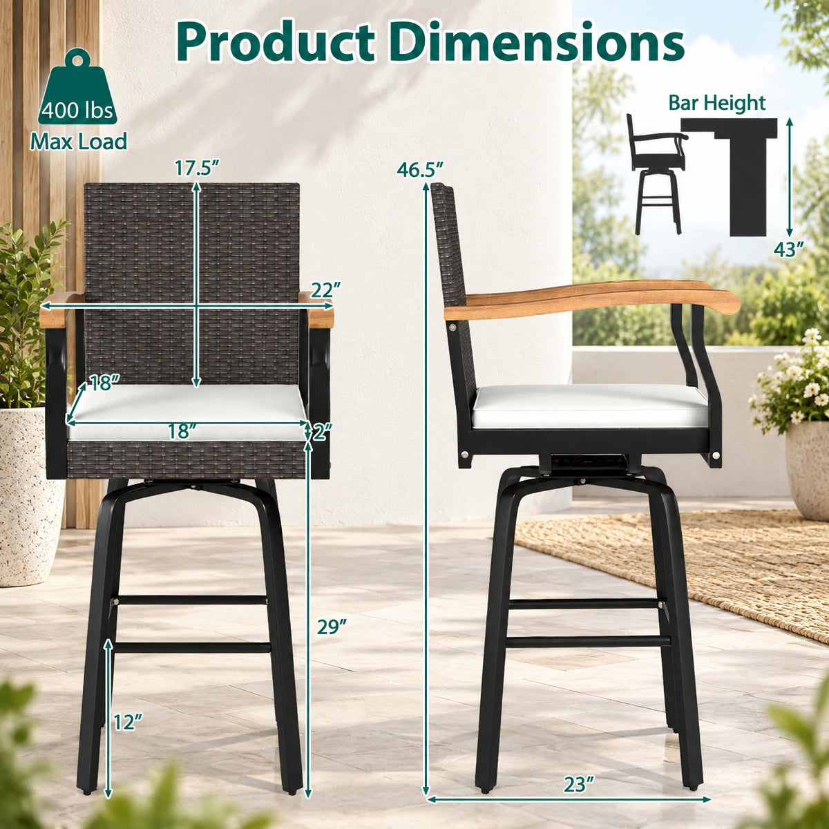 Airfind One Outdoor 360° Swivel Bar Stool with Cushion and Acacia Wood Armrests, 400 lbs Capacity, Wood