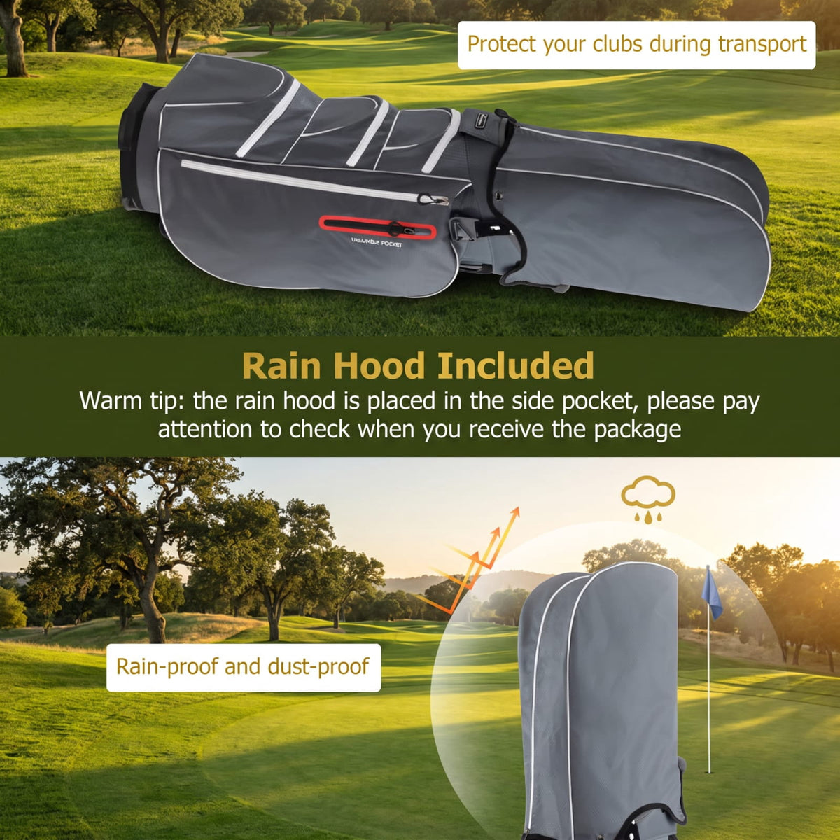 Airfind 9.5 Inch Lightweight Golf Cart Bag with 15 Way Top Dividers and 7 Zippegary Pockets and Cooler Bag and Rain Hood, Gray