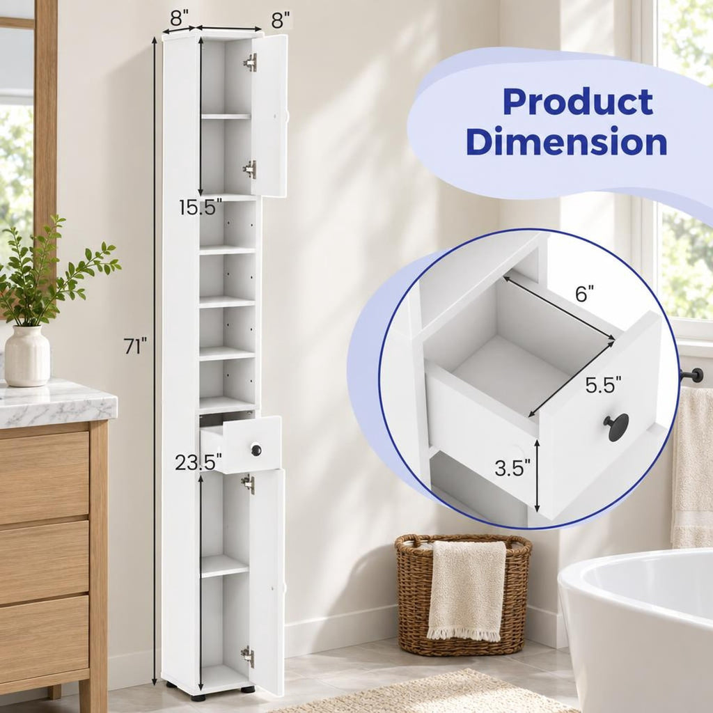 Airfind Freestanding Slim Bathroom Cabinet with Drawer and Adjustable Shelves, 110 lbs Capacity, MDF Frame, 8in x 8in x 71in Total Footprint, White