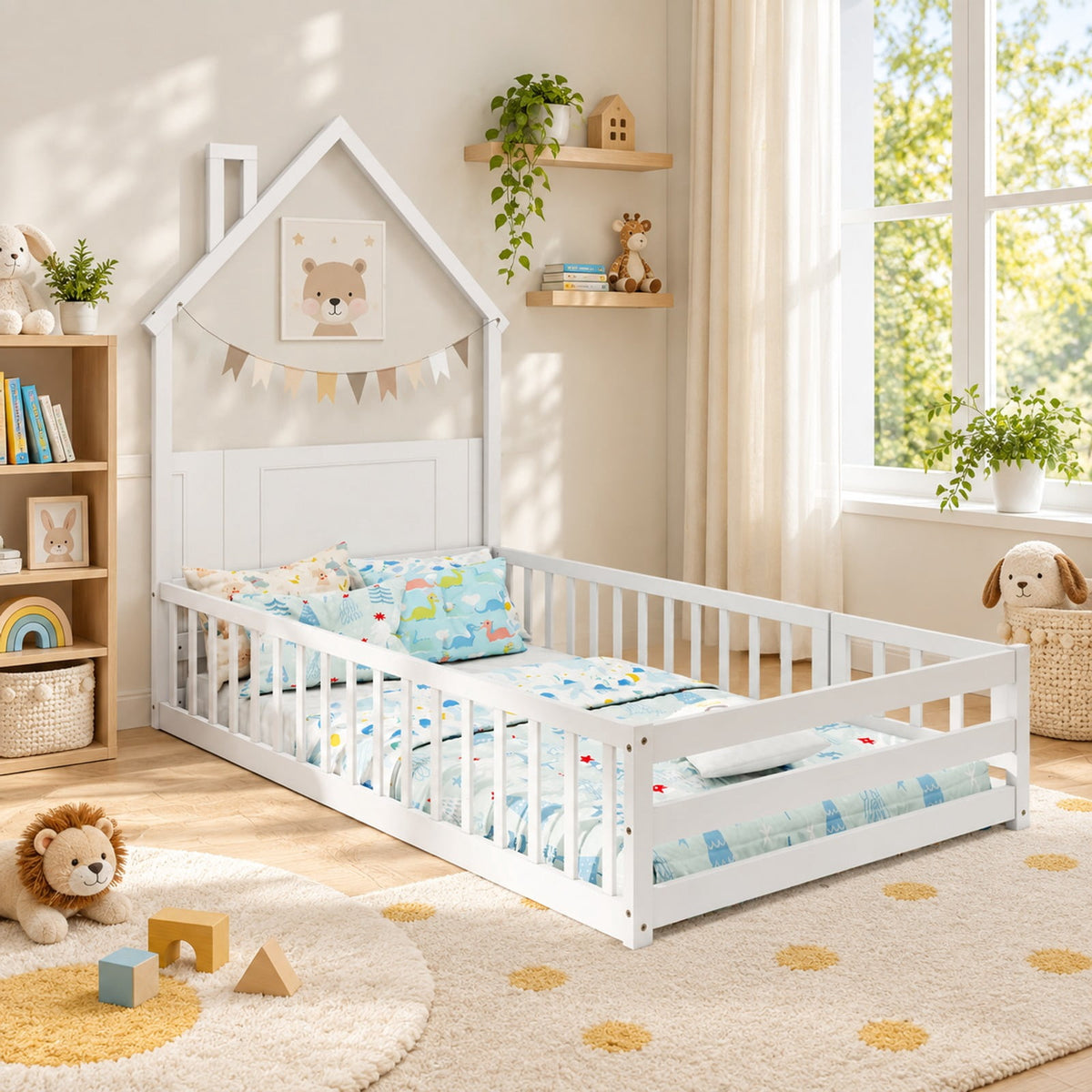 Airfind Twin Size Montessori Floor Bed with Lockable Door and Full-Length Guardrail, Solid Wood Plywood Frame, 78.5 x 45 x 66.5 Footprint, White