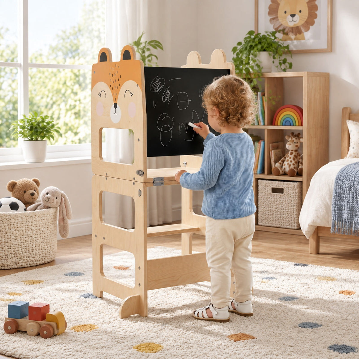 Airfind 3-in-1 Wooden Kids Toddler Kitchen Step Stool with Blackboard, 110 lbs Capacity, Poplar Wood Frame, for 18+ months, Orange