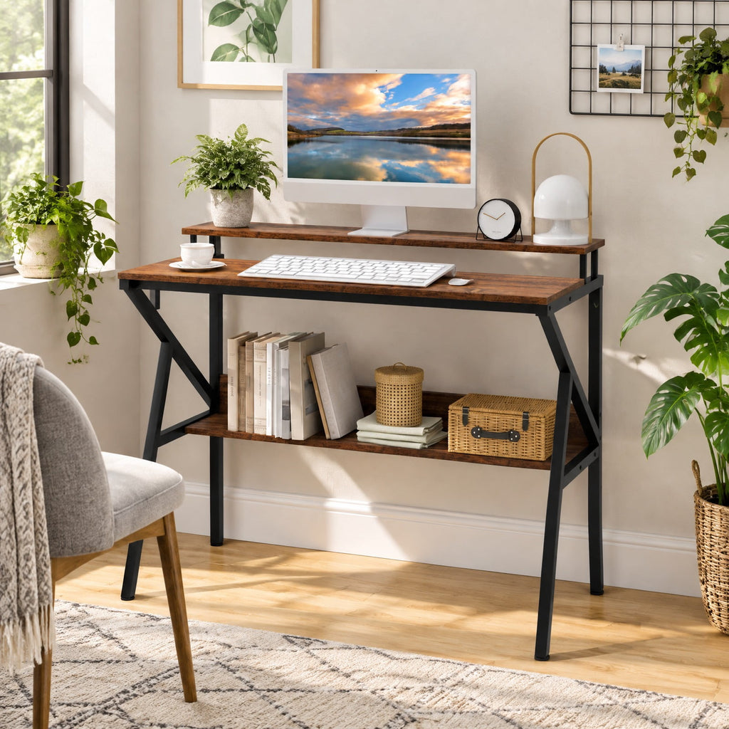 Airfind Space Saving Computer Desk with Monitor Stand and Extra Storage Shelf for Work Study, 200 lbs Capacity, Engineered Wood Metal Frame, Brown