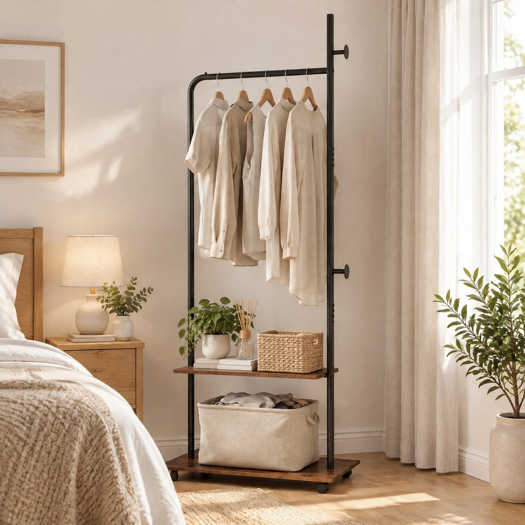 Airfind Freestanding Clothing Rack with Wheels and Storage Shelves for Entryway and Bedroom, 120 lbs Capacity, Engineered Wood Metal Frame, Brown