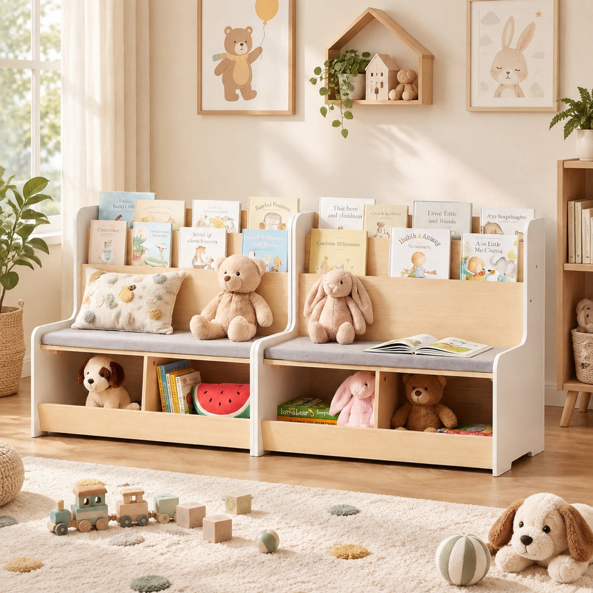 Airfind Kids Reading Nook with Bench Bookshelf and 2 Cubbies, 132 lbs Capacity, MDF Fabric Sponge Frame, White