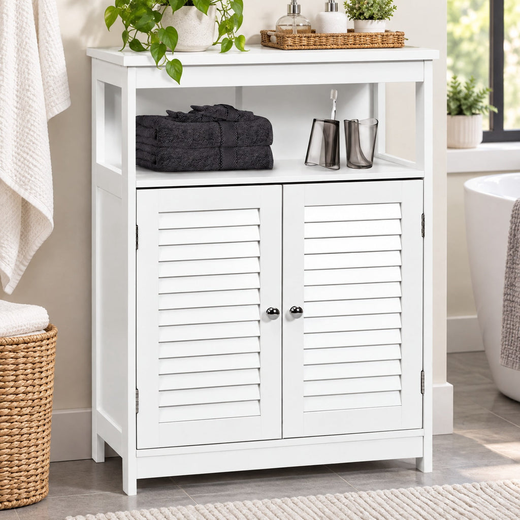Airfind Wood Freestanding Bathroom Storage Cabinet with Double Shutter Door, 77 lbs Capacity, P2 MDF Frame, 23.5in x 12in x 31.5in Footprint, White