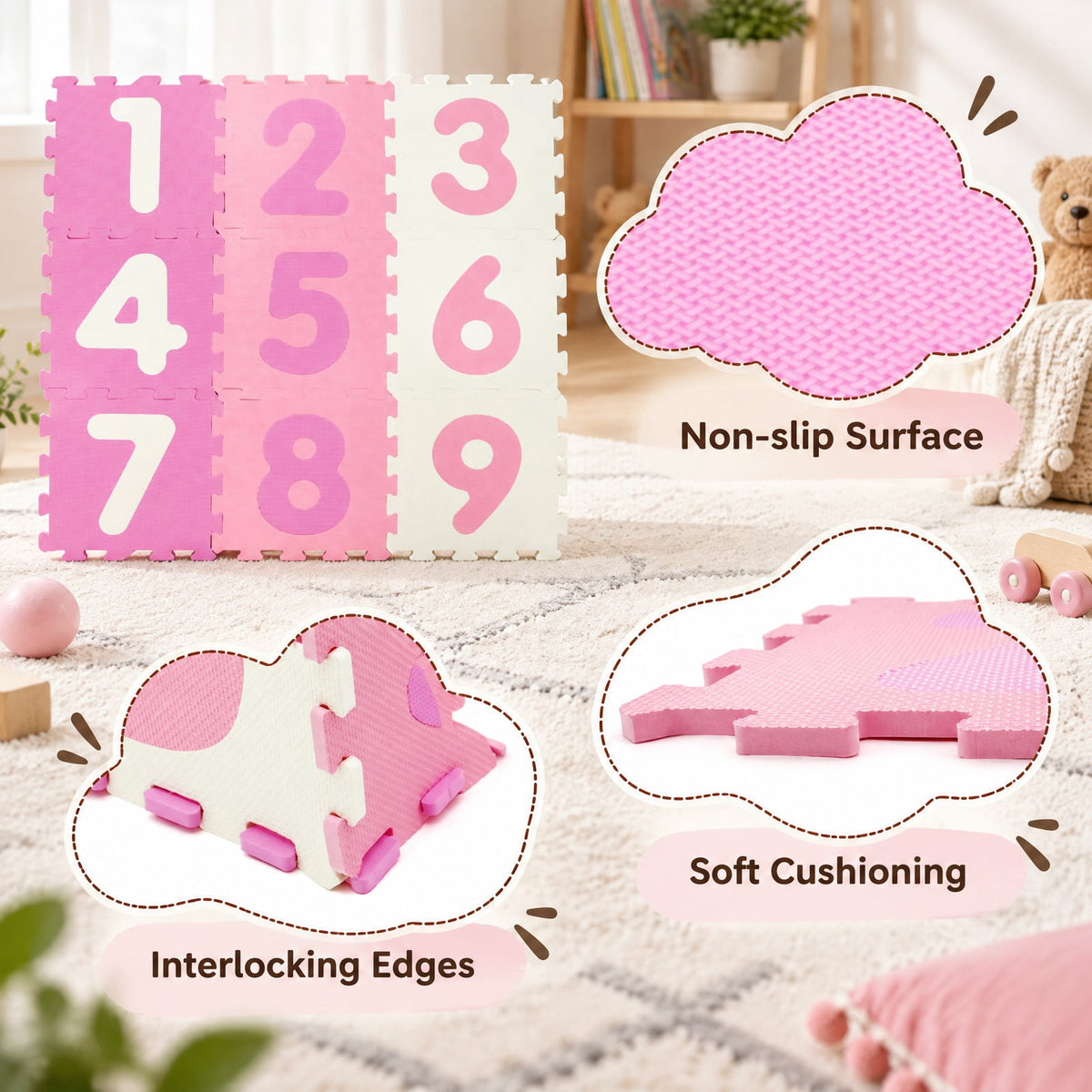 Airfind 9 Pieces Interlocking Foam Puzzle Floor Mat with 3 Marker Discs, EVA Foam Single Piece Frame, for 10 Months+, 71.5 Inch x 24.5 Inch Footprint