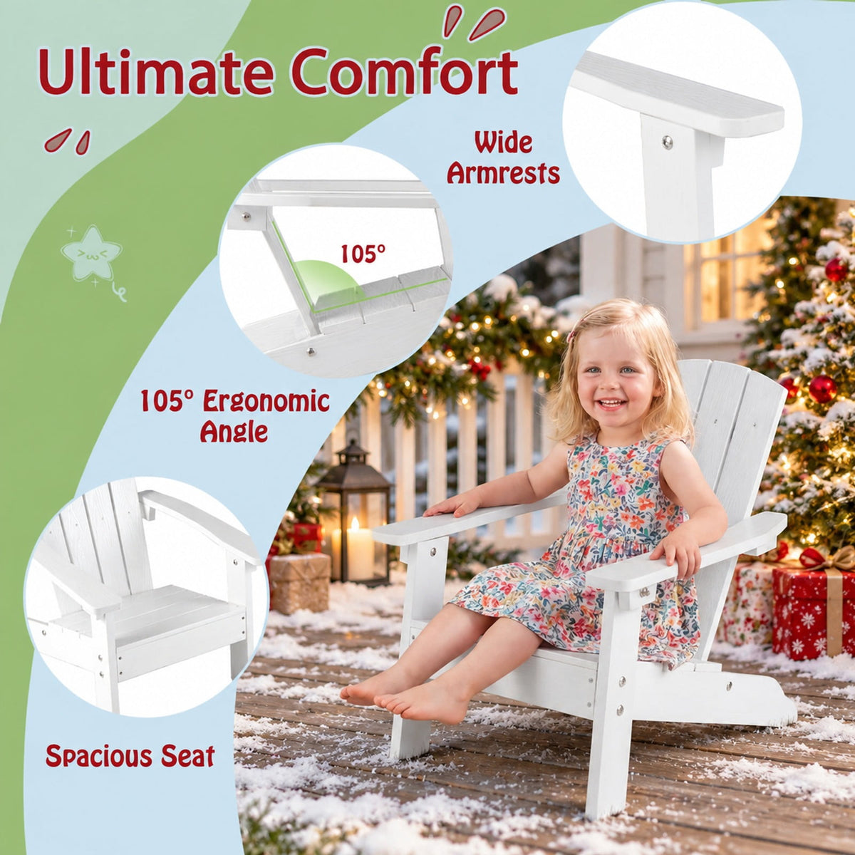 Airfind All-Weather HIPS Kids Adirondack Chair with with High Backrest and Armrests, 165 lbs Capacity, Wood-like HIPS Frame, White