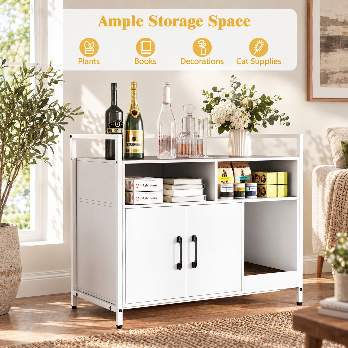 Airfind Hidden Cat Washroom with Double Doors and Scratch Cardboard, MDF Metal Frame, 35 x 17.5 x 29.5 Compartment Footprint, White