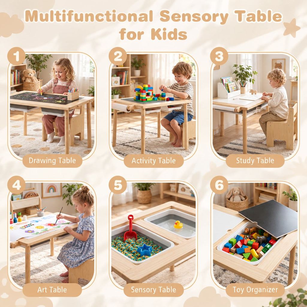 Airfind Kids Sensory Table Set with Adjustable Height and 2 Storage Bins, 165 lbs Capacity, Pine Wood Plywood Engineered Wood Frame, Natural