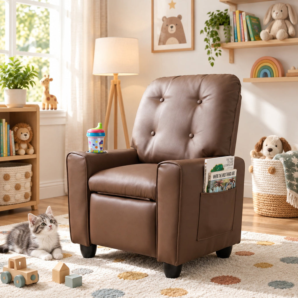 Airfind Youth Recliner Chair with Cup Holder, Side Pocket and Push-back Footrest, PU Upholstery, 24 x 21 x 30 in for Everyday Use, Brown