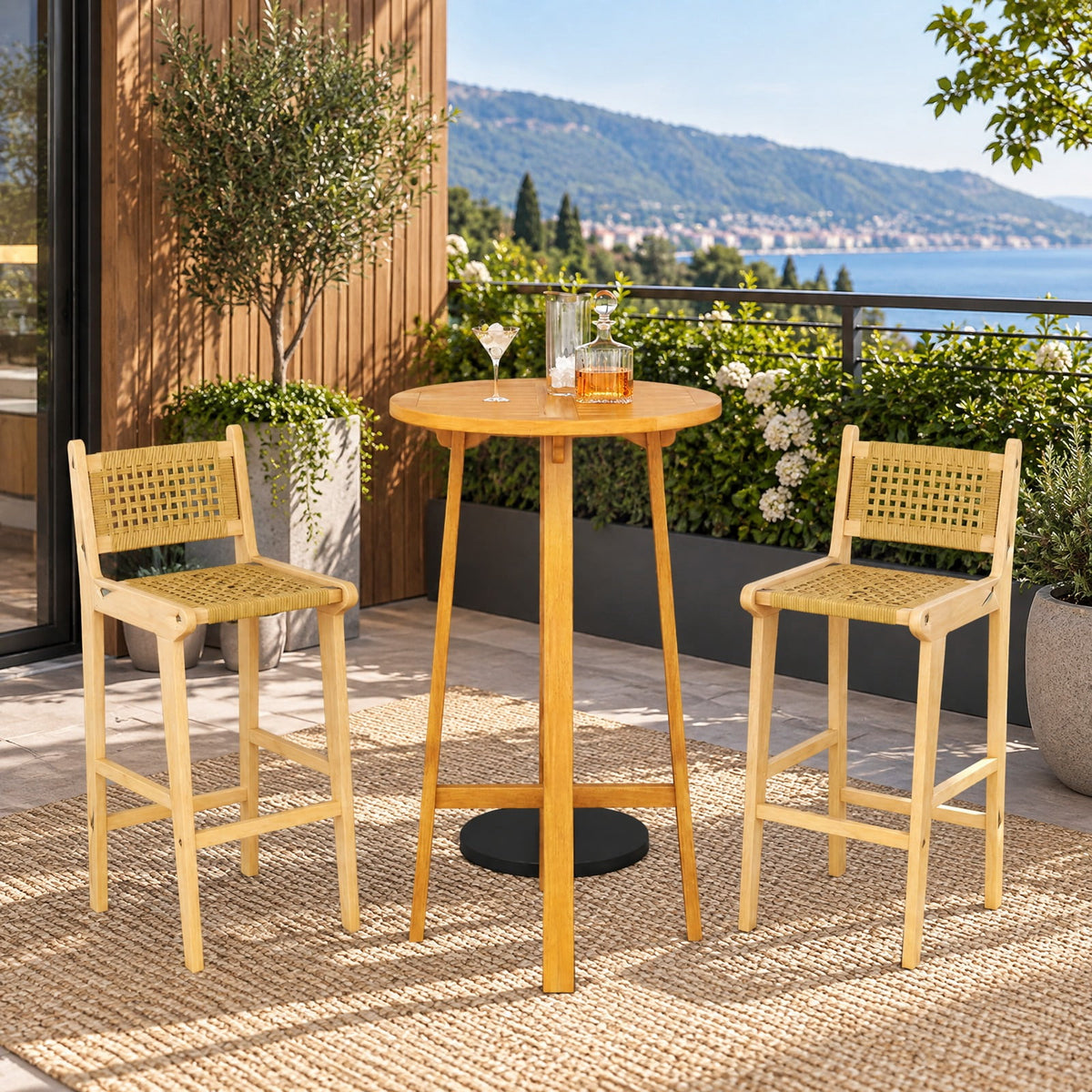 Airfind Patio Teak Wood Bar Stool with Rattan Backrest and Seat, Bar Stool 350 lbs Capacity, Teak Wood PE Rattan Frame, 16 x 19.5 x 40 Footprint