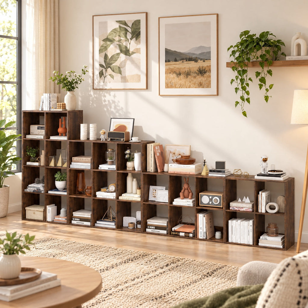Airfind 4 Cube Bookshelf with Back Guardrail for Living Room Bedroom, 100 lbs Capacity, Engineered Wood Frame, 27.5 x 13 x 27.5 Footprint, Coffee