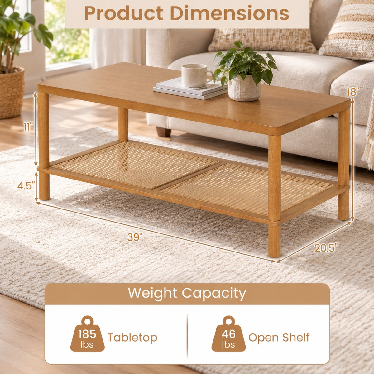 Airfind 2-Tier Boho Coffee Table for Living Room Rectangular Center Table with Rubber Wood Frame and PVC Rattan Storage Shelf, 185 lbs Capacity