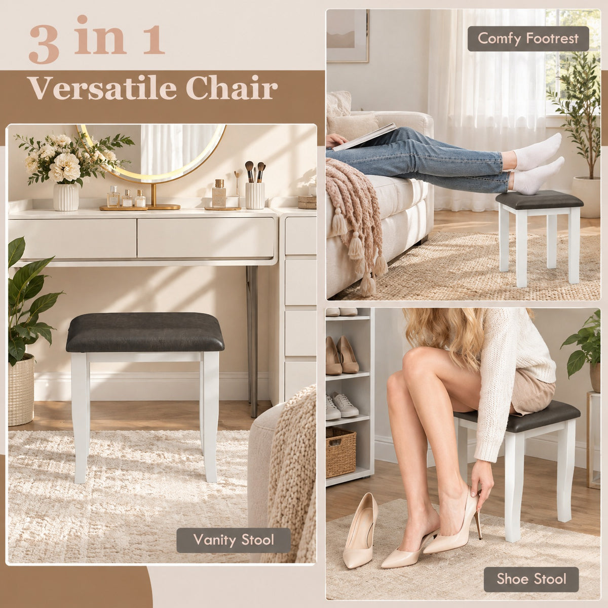 Airfind Faux Leather Vanity Stool Chair Set of 2 for Makeup Room and Living Room, 18.5in x 14.5in x 17.5inSeat Cushion Footprint, Gray