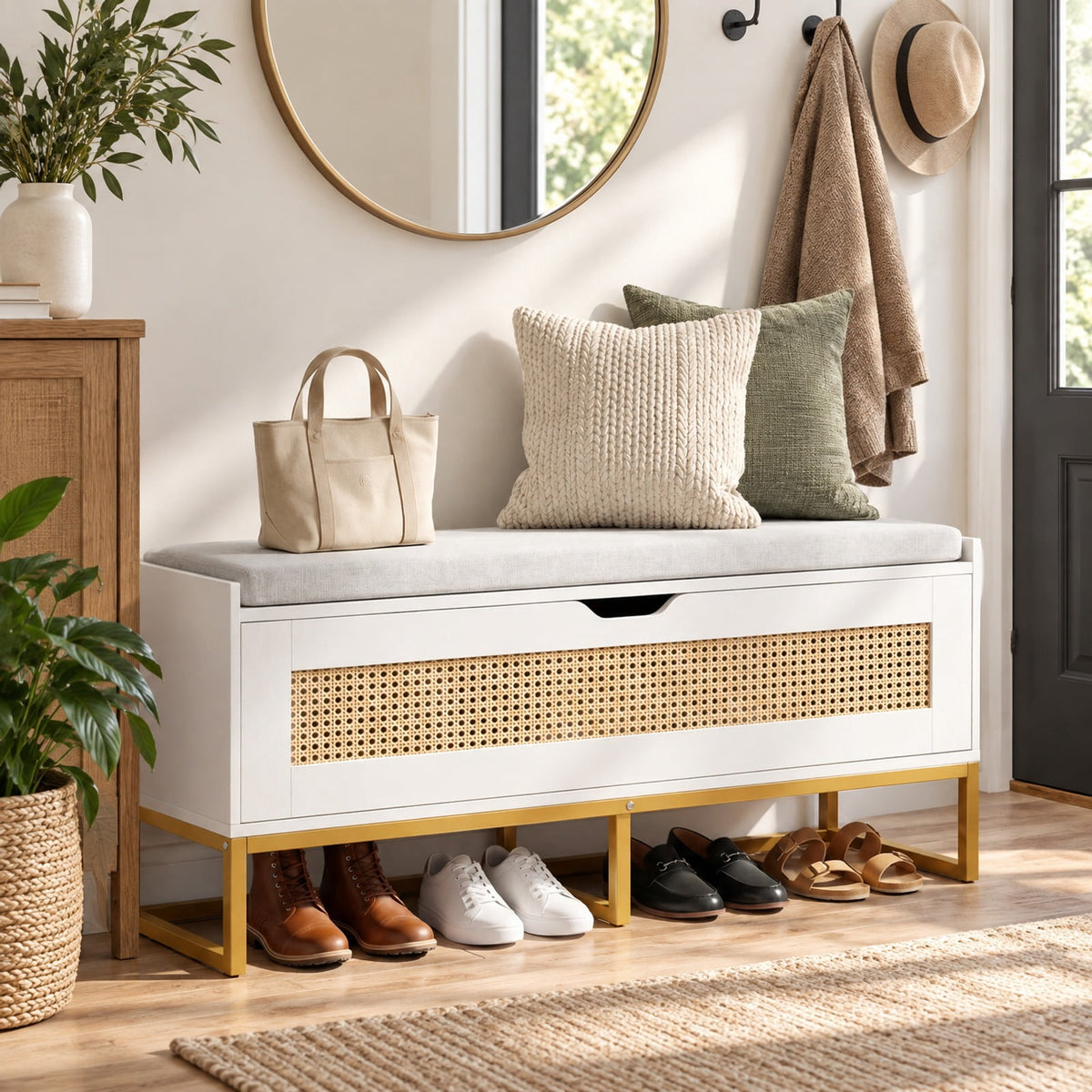 Airfind 39.5in Rattan Storage Chest Wicker Shoe Bench with Padded Seat Flip-Top, 440 lbs Capacity, Engineered Wood PE Rattan Metal Frame, White