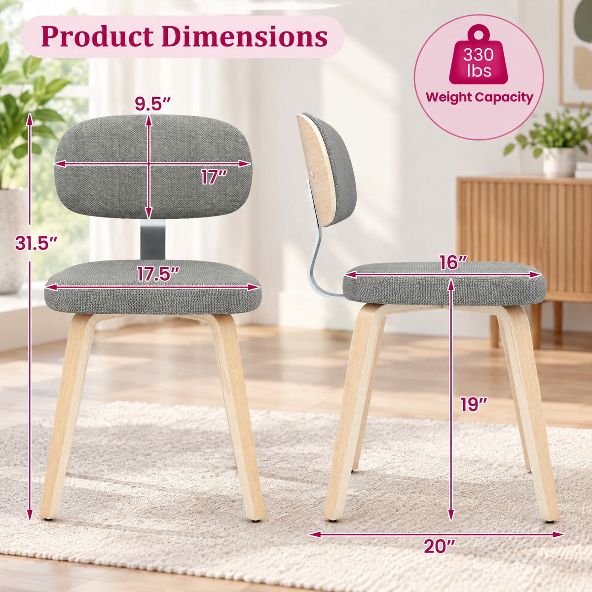Airfind Chenille Fabric Upholstered Wooden Kitchen Chairs Set of 4, Chenille Sponge Bentwood Metal Frame, 330 lbs Capacity, Gray