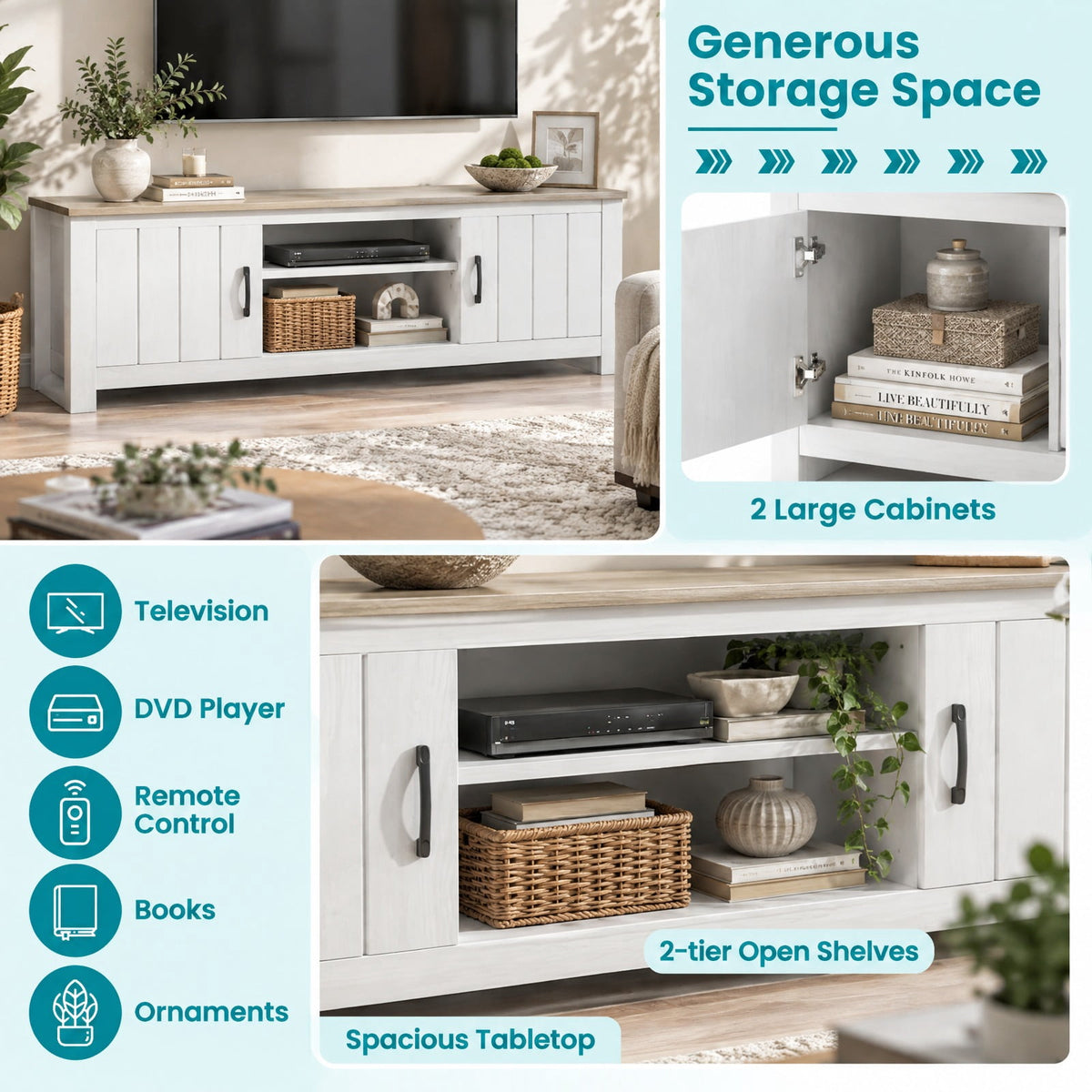 Airfind TV Stand with 2 Cabinets and Open Shelves for TVs up to 65 Inch, 410 lbs Capacity, Engineered Wood Frame, 57 x 15.5 x 19.5 Footprint