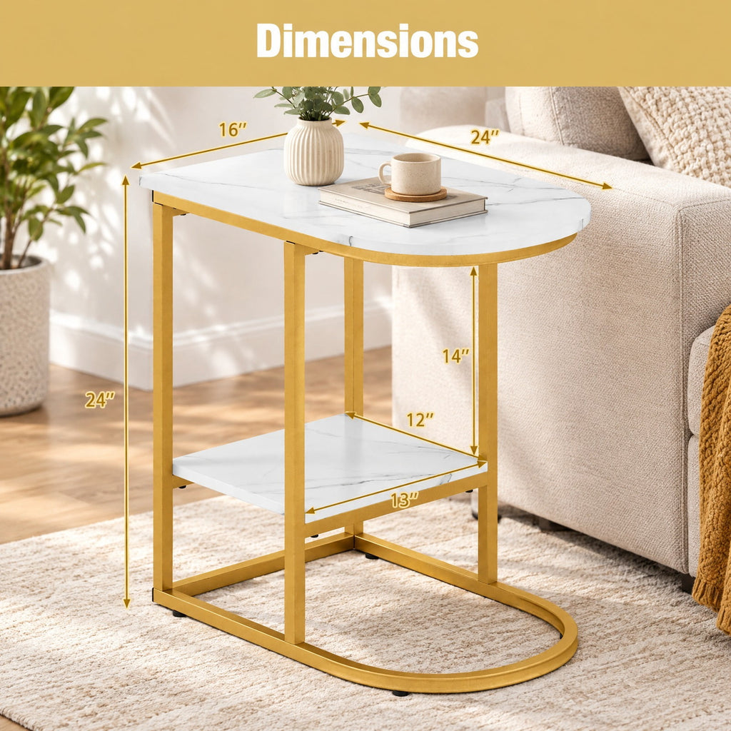 Airfind C-shaped Modern Sofa Side Table with Faux Marble Tabletop and Storage Shelf, 66 lbs Capacity, Engineered Wood Metal Frame, White