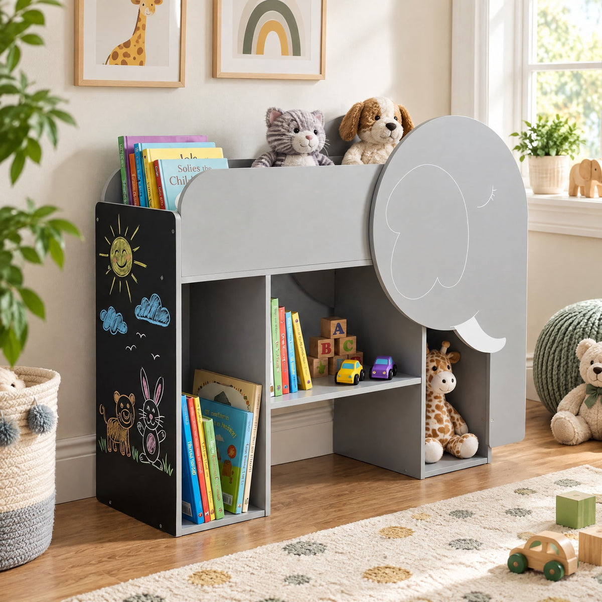 Airfind Montessori Bookshelf with Elephant Shape 3-Tier Toddler Toy Storage Organizer, 22 lbs Capacity, MDF Frame, for 3+ years old, Grey
