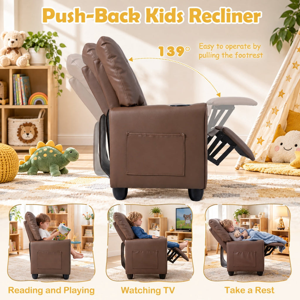 Airfind Youth Recliner Chair with Cup Holder, Side Pocket and Push-back Footrest, PU Upholstery, 24 x 21 x 30 in for Everyday Use, Brown