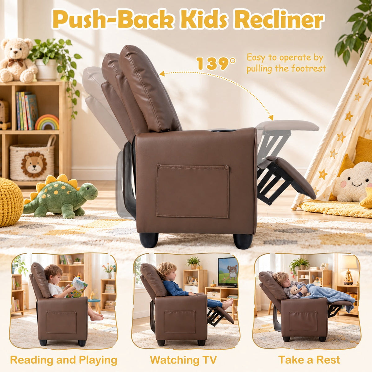 Airfind Youth Recliner Chair with Cup Holder, Side Pocket and Push-back Footrest, PU Upholstery, 24 x 21 x 30 in for Everyday Use, Brown