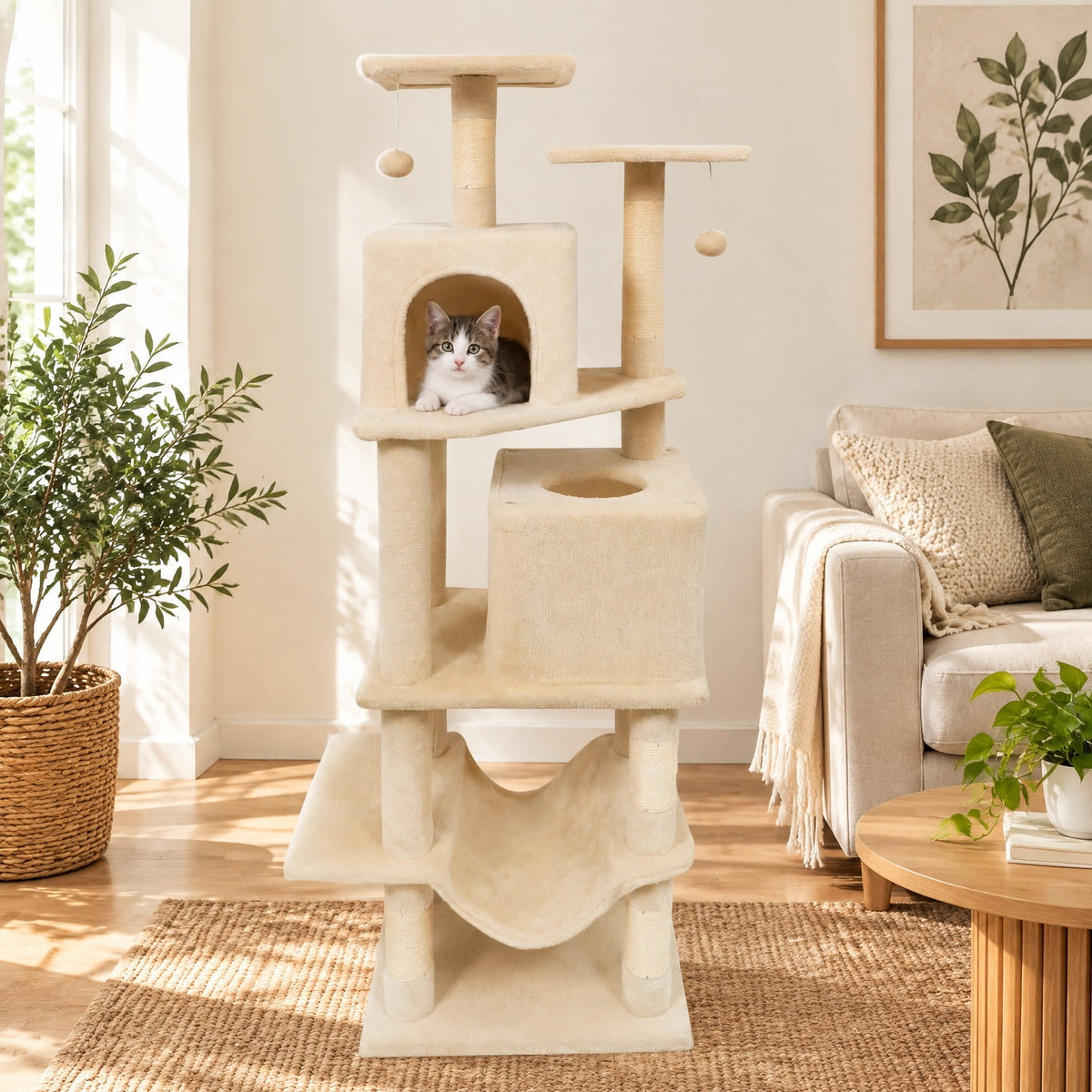 Airfind 57 Inch Cat Tree with Dual Condos and Hammock and 2 Dangling Balls, 29 x 16 Footprint, Beige